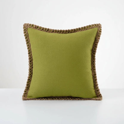 Square decorative cushion cover featuring a delicate crocheted trim, crafted from soft fabric in a French style, washable, and available in 12 vibrant colors. 1