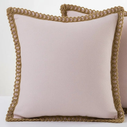 Square decorative cushion cover featuring a delicate crocheted trim, crafted from soft fabric in a French style, washable, and available in 12 vibrant colors. 4