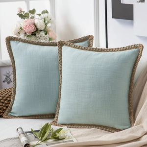 Square decorative cushion cover featuring a delicate crocheted trim, crafted from soft fabric in a French style, washable, and available in 12 vibrant colors. 0