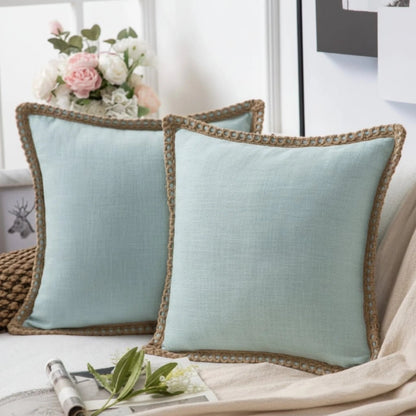 Square decorative cushion cover featuring a delicate crocheted trim, crafted from soft fabric in a French style, washable, and available in 12 vibrant colors. 0
