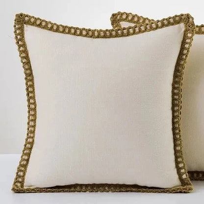 Square decorative cushion cover featuring a delicate crocheted trim, crafted from soft fabric in a French style, washable, and available in 12 vibrant colors. 7