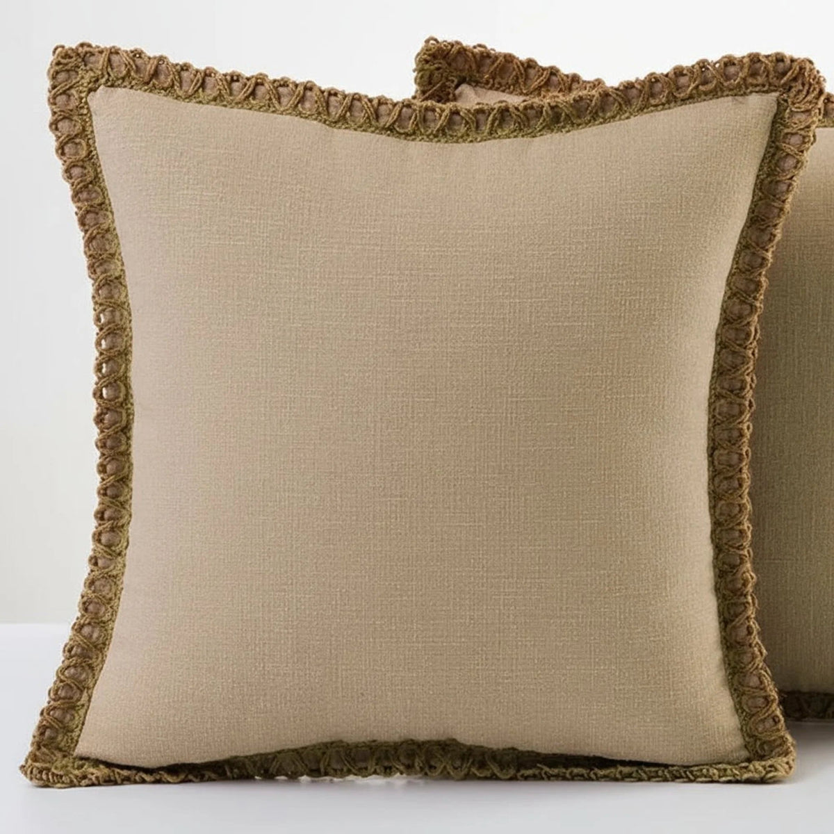 Square decorative cushion cover featuring a delicate crocheted trim, crafted from soft fabric in a French style, washable, and available in 12 vibrant colors. 2