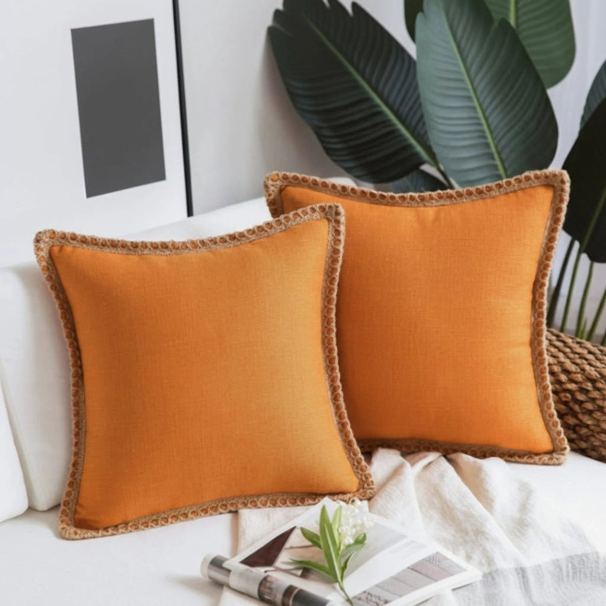 Square decorative cushion cover featuring a delicate crocheted trim, crafted from soft fabric in a French style, washable, and available in 12 vibrant colors. 9