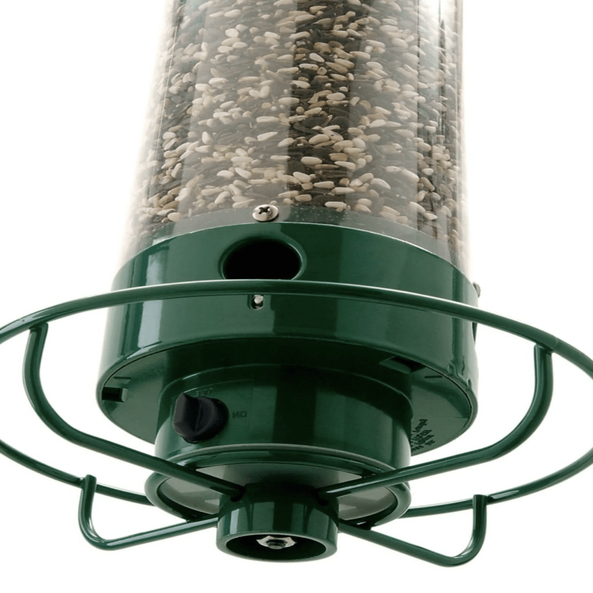 Squirrel-proof bird feeder featuring spinning action, made from durable metal and UV-stabilized polycarbonate for long-lasting outdoor use. 3