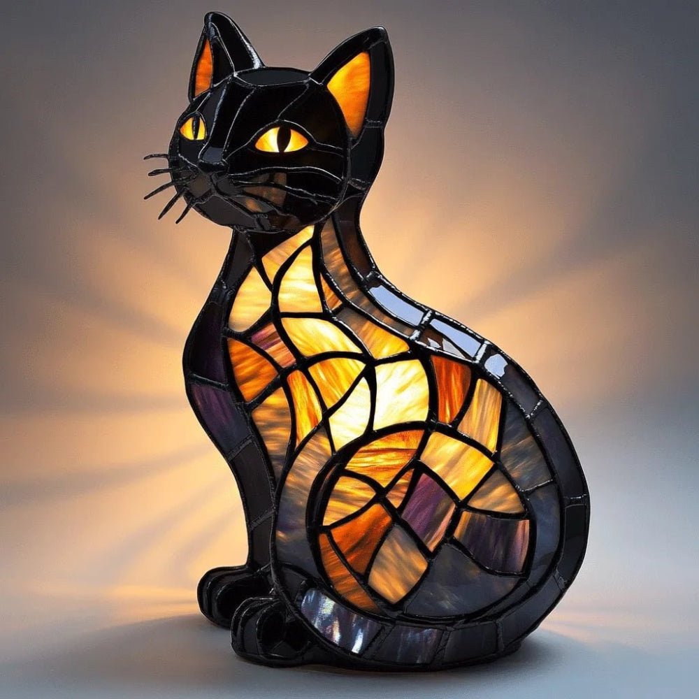 Stained glass cat lamp featuring intricate designs, providing warm ambient light as a decorative night light for cozy home decor. 0