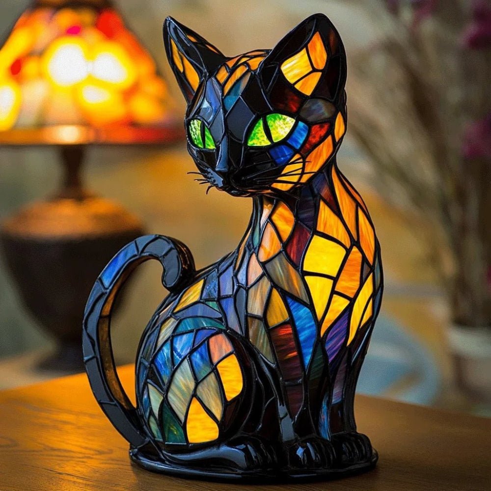 Stained glass cat lamp featuring intricate designs, providing warm ambient light as a decorative night light for cozy home decor. 1