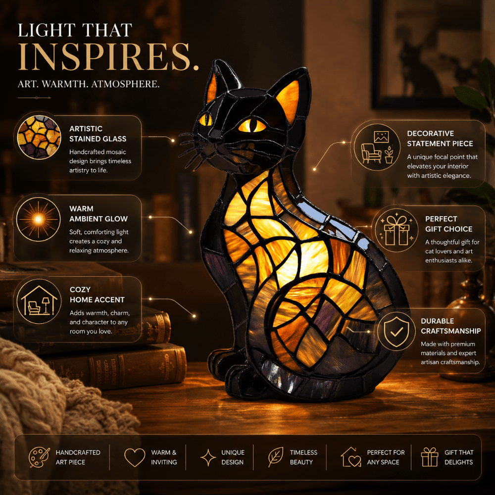 Stained glass cat lamp featuring intricate designs, providing warm ambient light as a decorative night light for cozy home decor. 3