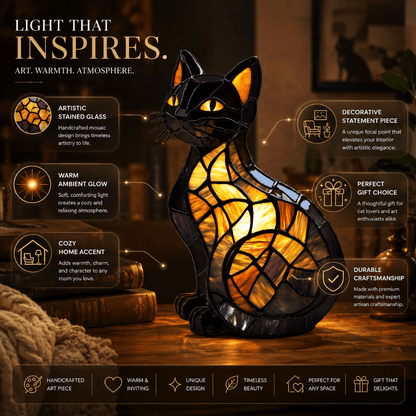 Stained glass cat lamp featuring intricate designs, providing warm ambient light as a decorative night light for cozy home decor. 3