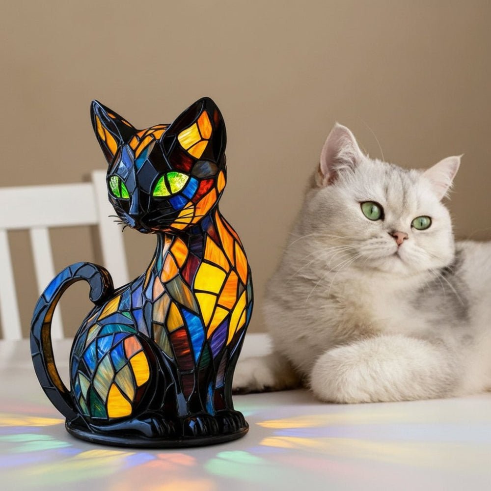 Stained glass cat lamp featuring intricate designs, providing warm ambient light as a decorative night light for cozy home decor. 4