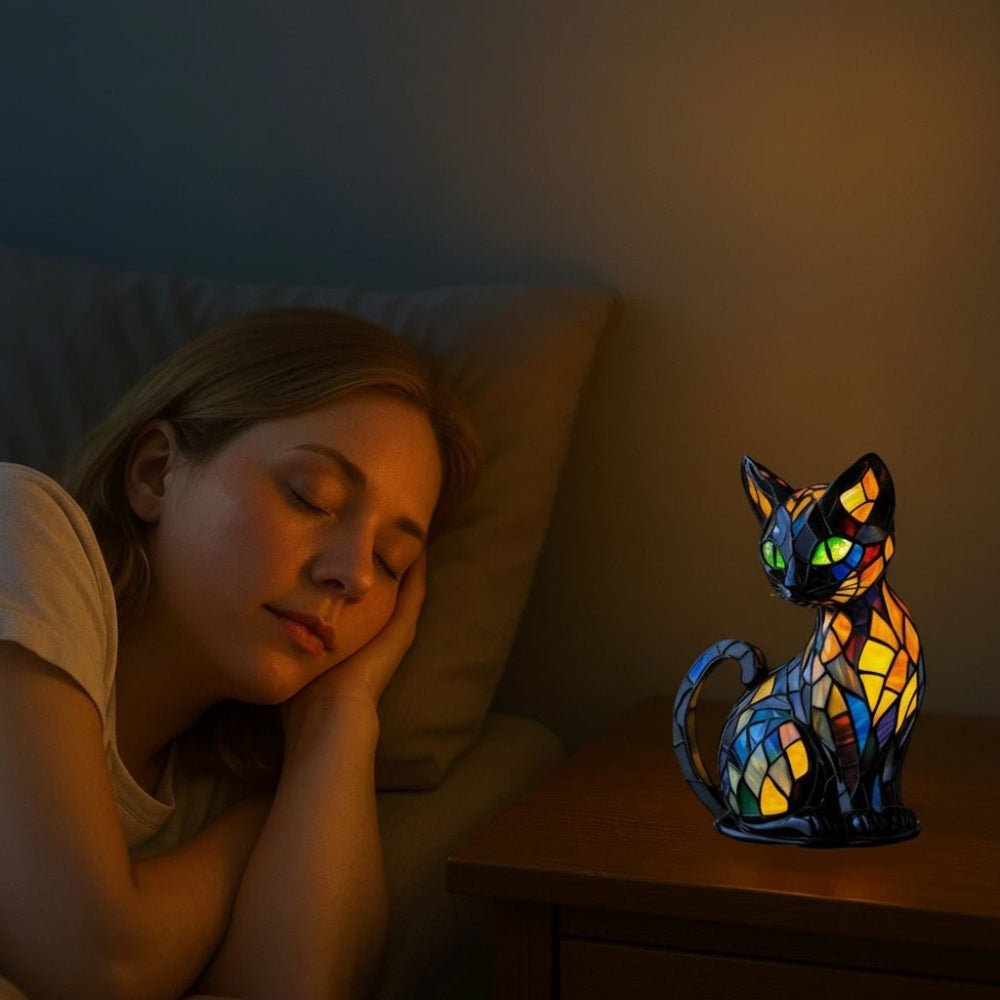 Stained glass cat lamp featuring intricate designs, providing warm ambient light as a decorative night light for cozy home decor. 2