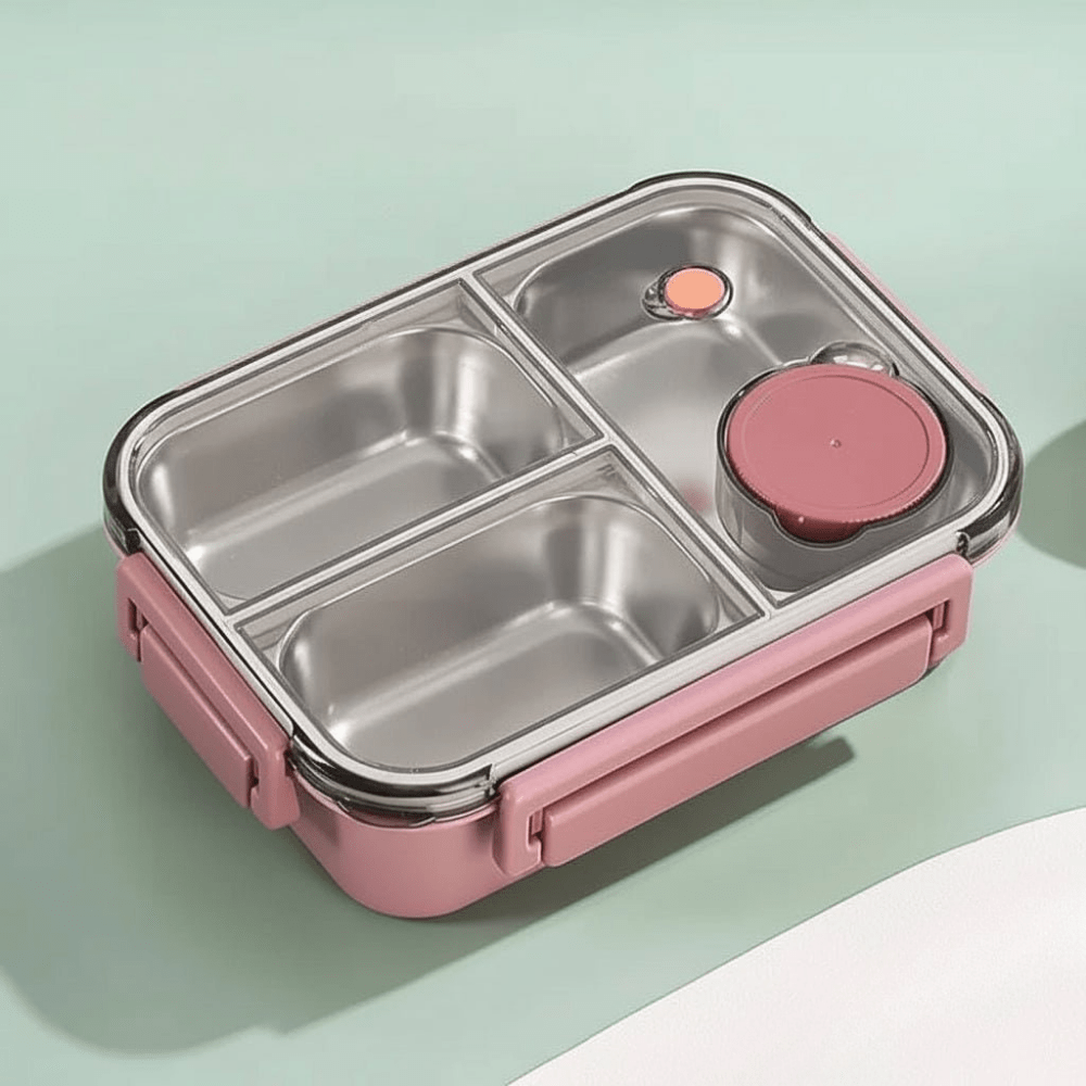 Stainless steel bento lunch box with insulated compartments, featuring a leak-proof design for organized meals, perfect for on-the-go lunches. 4