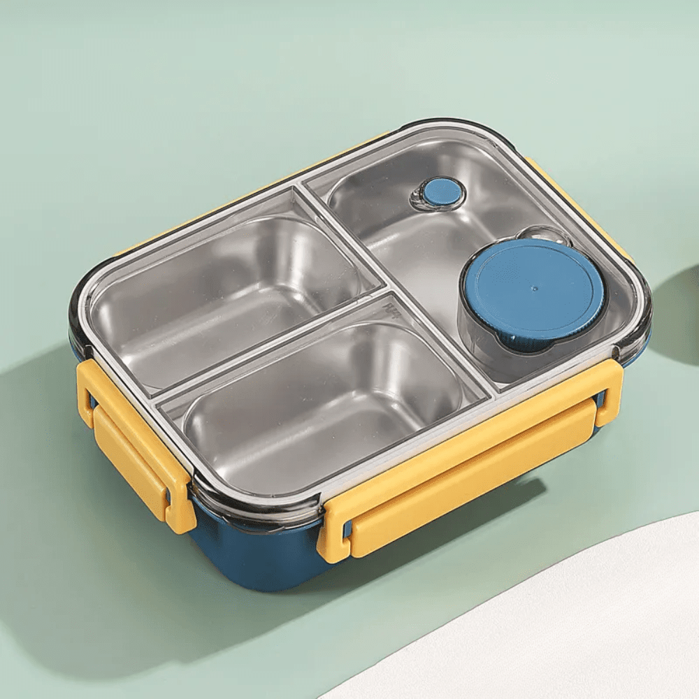 Stainless steel bento lunch box with insulated compartments, featuring a leak-proof design for organized meals, perfect for on-the-go lunches. 2