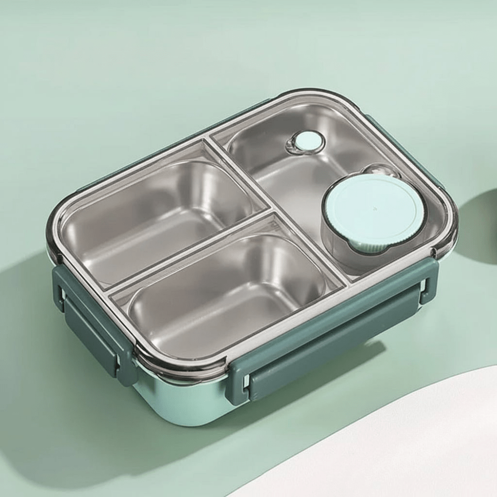 Stainless steel bento lunch box with insulated compartments, featuring a leak-proof design for organized meals, perfect for on-the-go lunches. 0