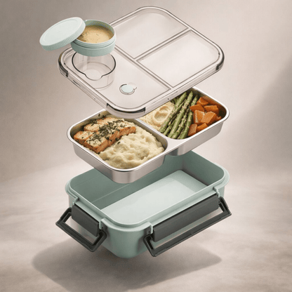 Stainless steel bento lunch box with insulated compartments, featuring a leak-proof design for organized meals, perfect for on-the-go lunches. 1