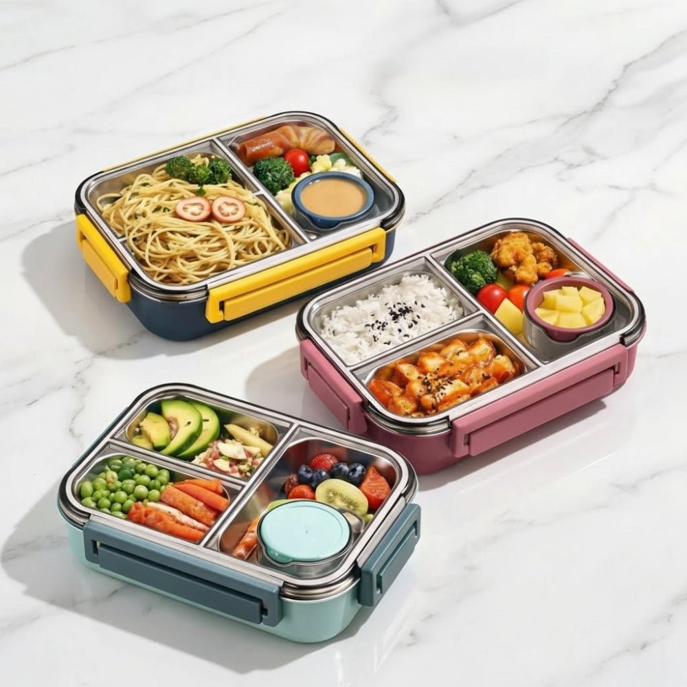 Stainless steel bento lunch box with insulated compartments, featuring a leak-proof design for organized meals, perfect for on-the-go lunches. 3