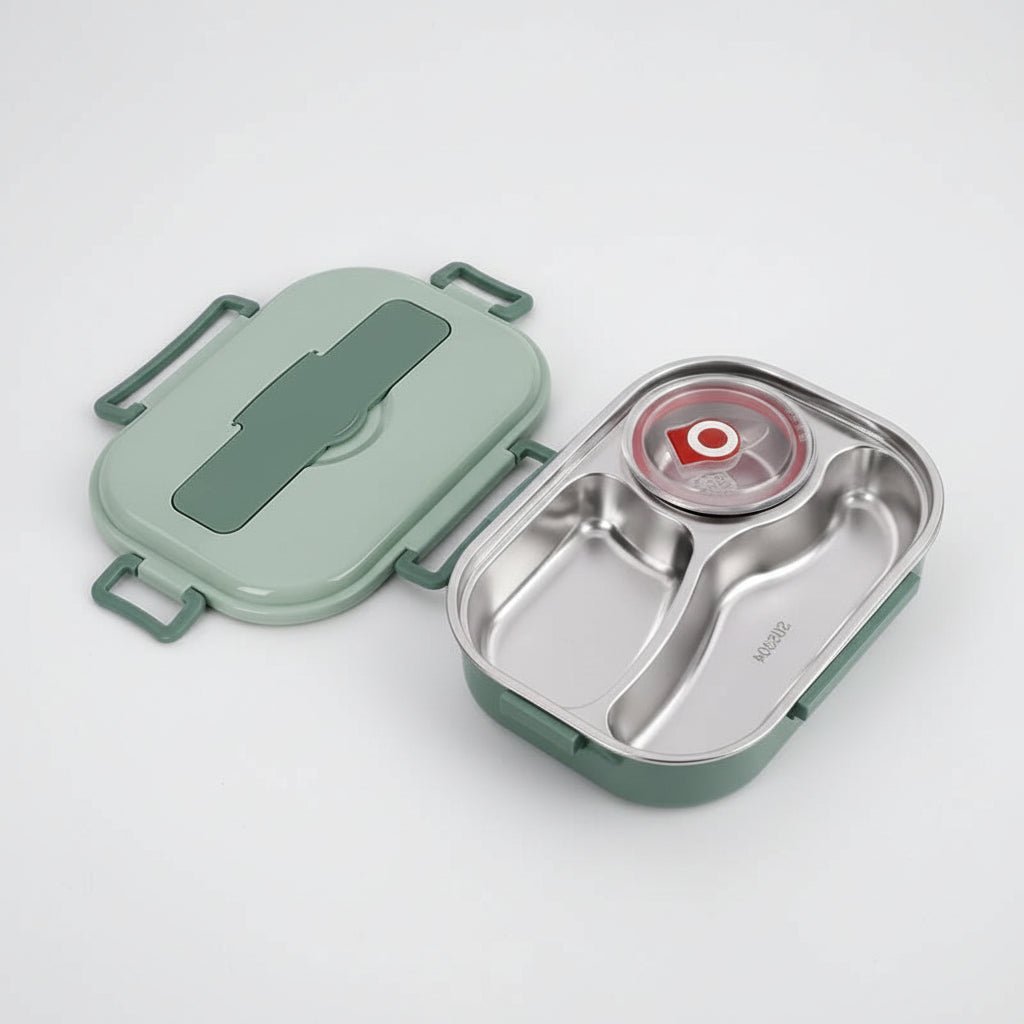 Stainless steel bento lunch box featuring a leakproof design and four compartments, perfect for hiking and travel meals. 4
