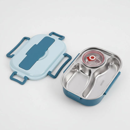 Stainless steel bento lunch box featuring a leakproof design and four compartments, perfect for hiking and travel meals. 8