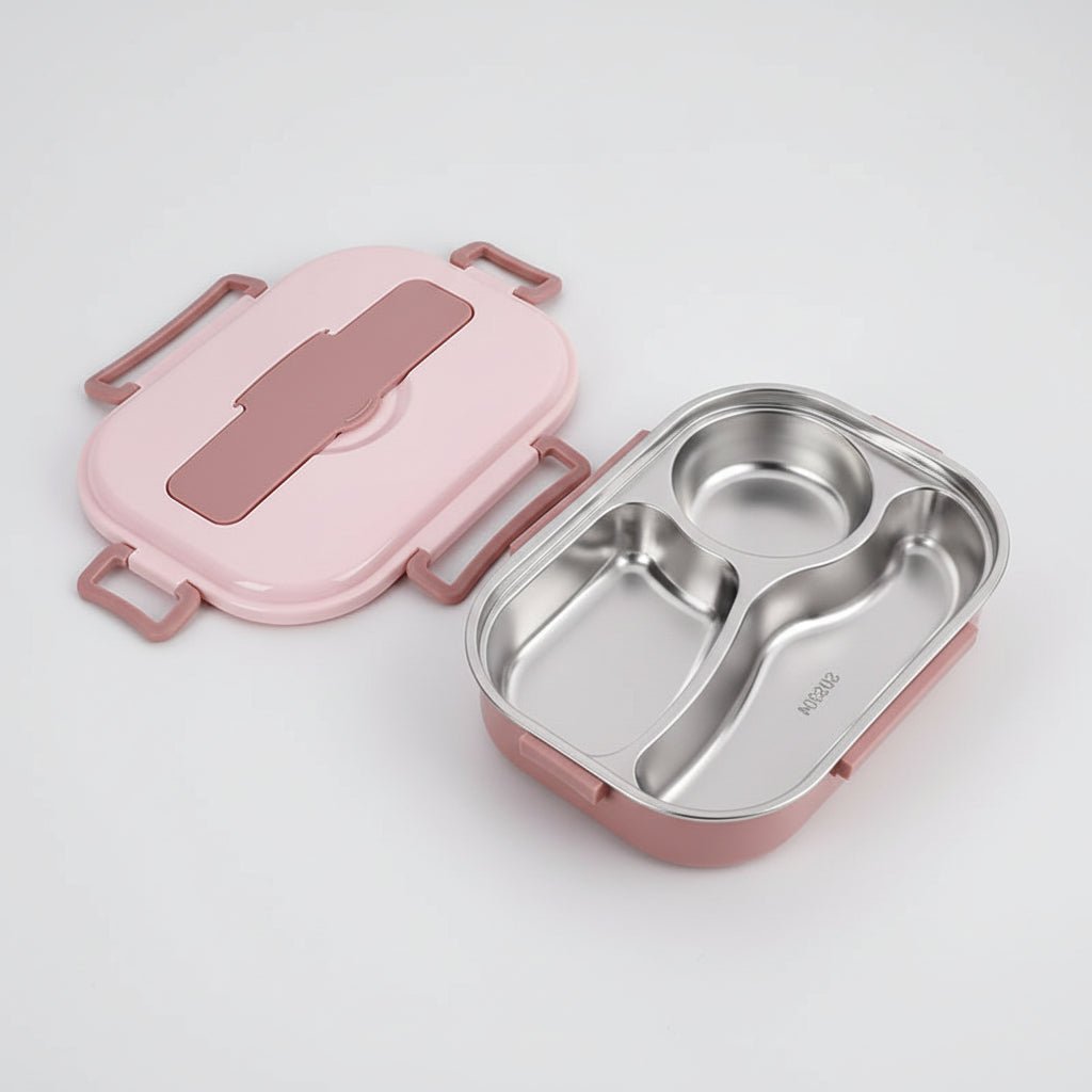 Stainless steel bento lunch box featuring a leakproof design and four compartments, perfect for hiking and travel meals. 6