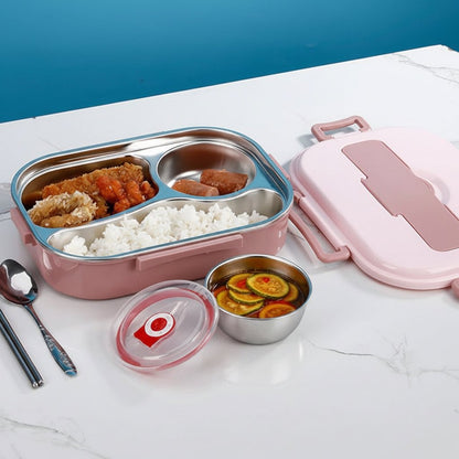 Stainless steel bento lunch box featuring a leakproof design and four compartments, perfect for hiking and travel meals. 7