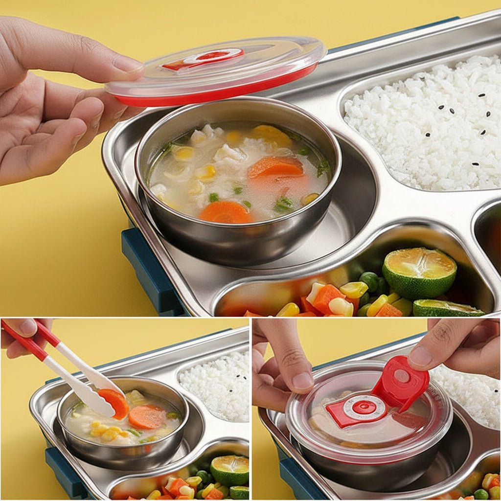 Stainless steel bento lunch box featuring a leakproof design and four compartments, perfect for hiking and travel meals. 3