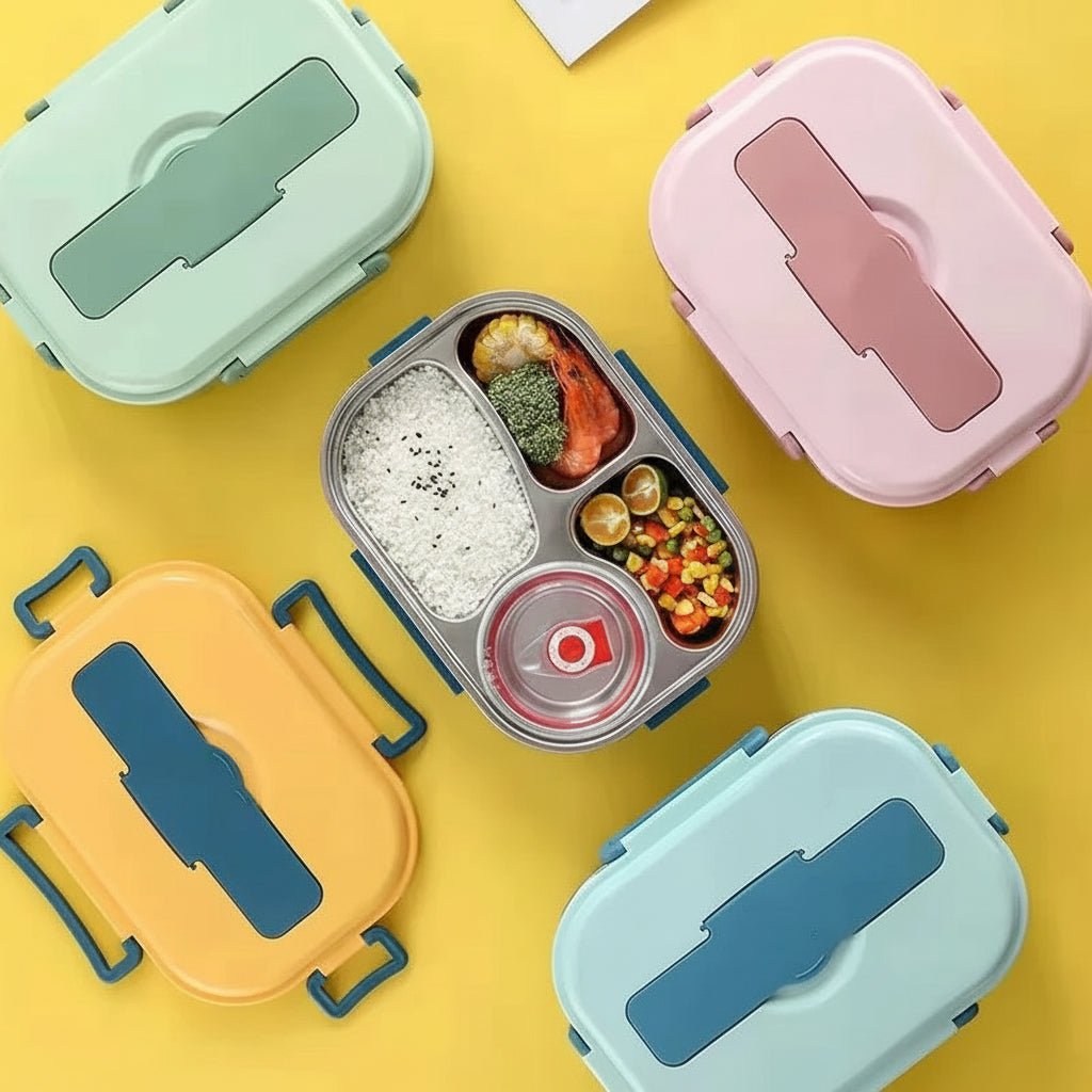 Stainless steel bento lunch box featuring a leakproof design and four compartments, perfect for hiking and travel meals. 2