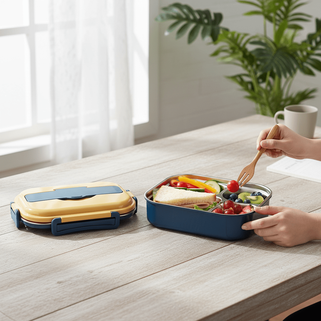 Stainless steel bento lunch box featuring a leakproof design and four compartments, perfect for hiking and travel meals. 0