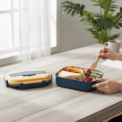 Stainless steel bento lunch box featuring a leakproof design and four compartments, perfect for hiking and travel meals. 0