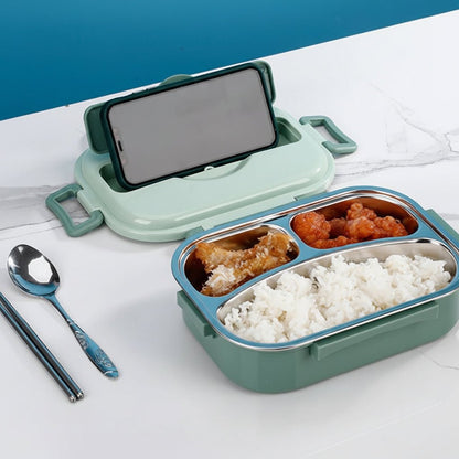 Stainless steel bento lunch box featuring a leakproof design and four compartments, perfect for hiking and travel meals. 5