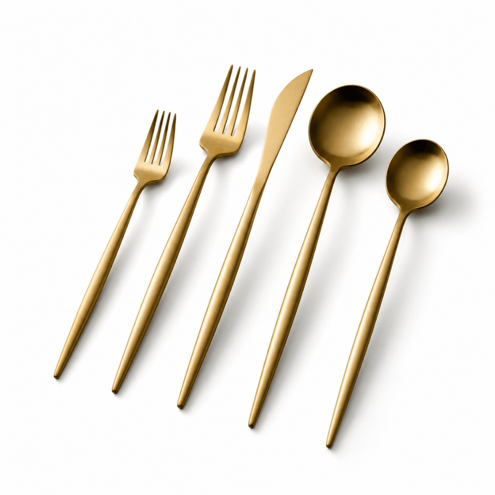 Stainless steel cutlery set featuring a modern minimalist design and ergonomic handles for comfortable use. 0