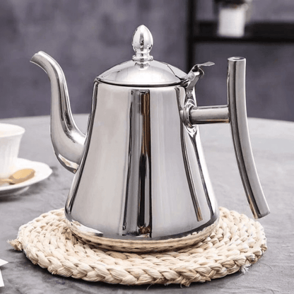 Stainless steel electric kettle with built-in filter and modern induction design, perfect for fast heating and brewing tea or coffee. 5
