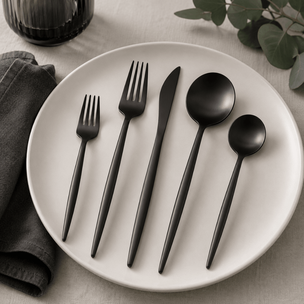 Stainless steel flatware set featuring a modern minimalist design, 30-piece collection, perfect for elegant dining, and dishwasher safe for easy cleaning. 1