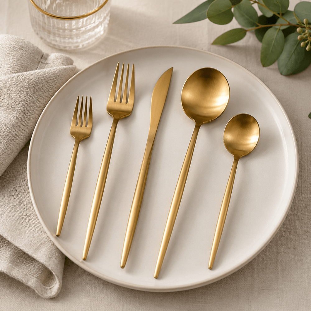 Stainless steel flatware set featuring a modern minimalist design, 30-piece collection, perfect for elegant dining, and dishwasher safe for easy cleaning. 0