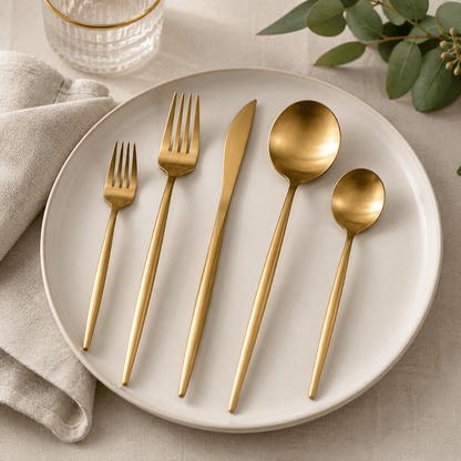 Stainless steel flatware set featuring a modern minimalist design, 30-piece collection, perfect for elegant dining, and dishwasher safe for easy cleaning. 0