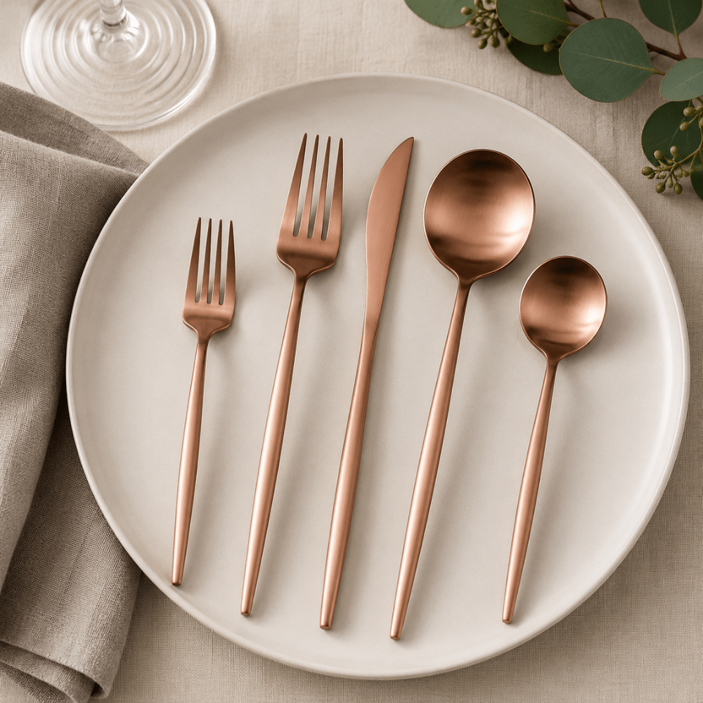 Stainless steel flatware set featuring a modern minimalist design, 30-piece collection, perfect for elegant dining, and dishwasher safe for easy cleaning. 2