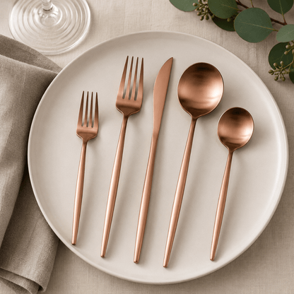 Stainless steel flatware set featuring a modern minimalist design, 30-piece collection, perfect for elegant dining, and dishwasher safe for easy cleaning. 2