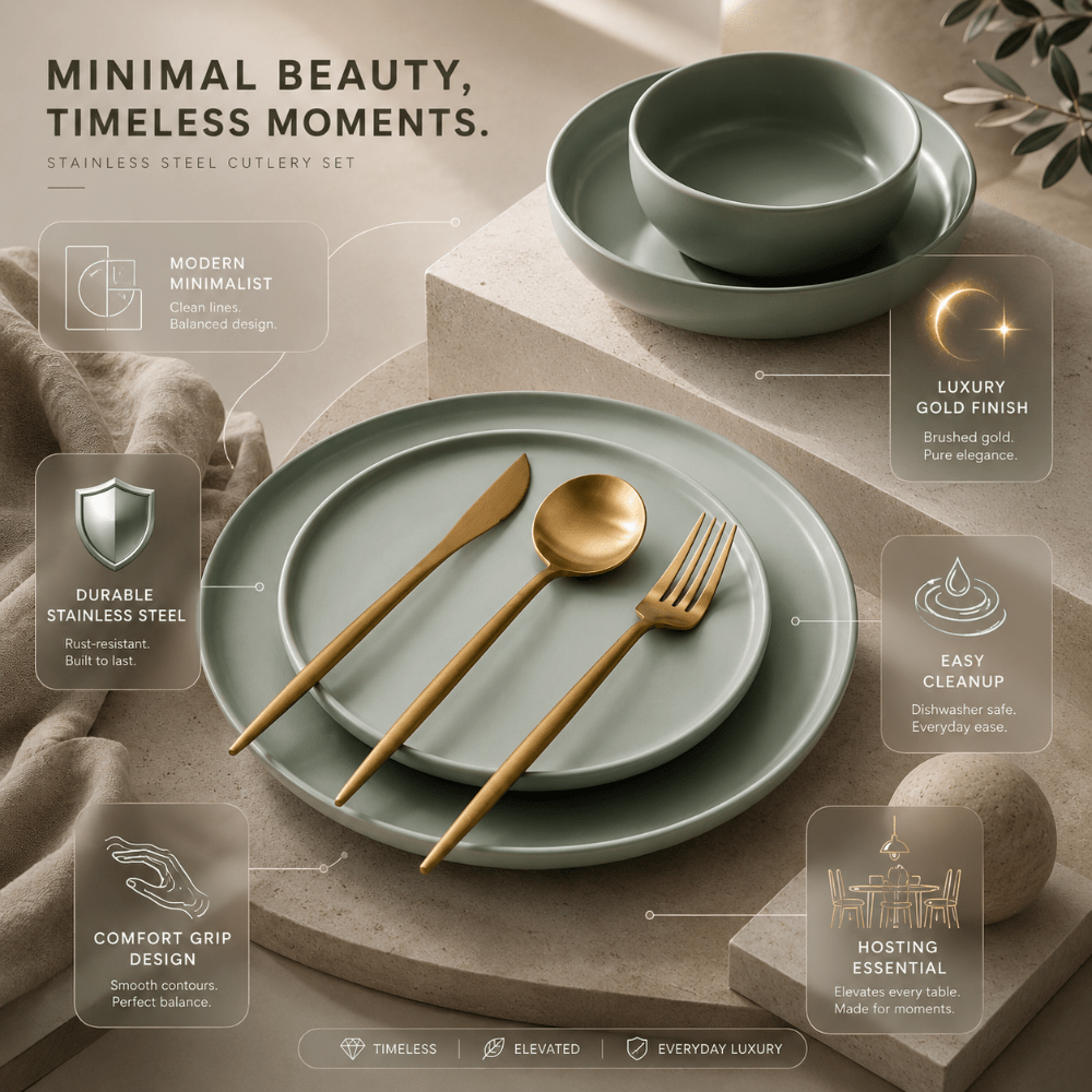 Stainless steel flatware set featuring a modern minimalist design, 30-piece collection, perfect for elegant dining, and dishwasher safe for easy cleaning. 4