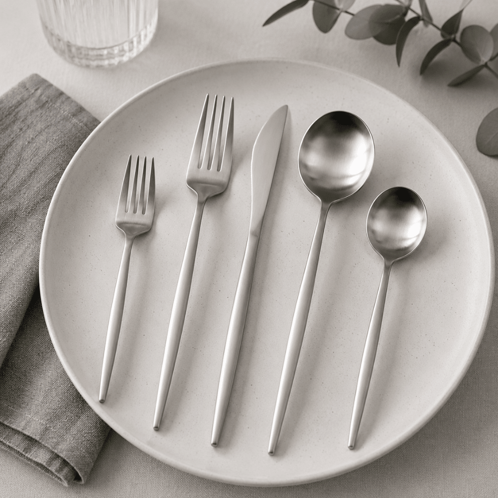 Stainless steel flatware set featuring a modern minimalist design, 30-piece collection, perfect for elegant dining, and dishwasher safe for easy cleaning. 3