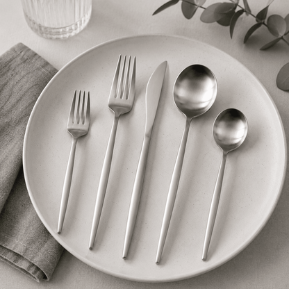 Stainless steel flatware set featuring a modern minimalist design, 30-piece collection, perfect for elegant dining, and dishwasher safe for easy cleaning. 3