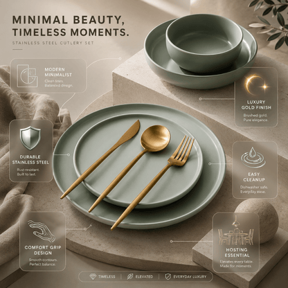 Stainless steel flatware set featuring a modern minimalist design, 30-piece dishwasher safe cutlery for elegant dining. 4