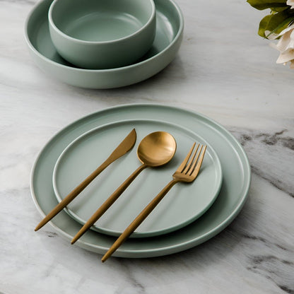 Stainless steel flatware set featuring a modern minimalist design, 30-piece dishwasher safe cutlery for elegant dining. 6