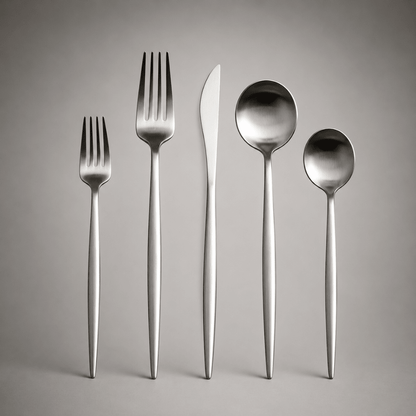 Stainless steel flatware set featuring a modern minimalist design, 30-piece dishwasher safe cutlery for elegant dining. 3