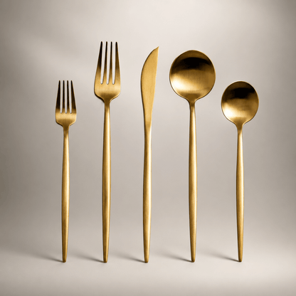 Stainless steel flatware set featuring a modern minimalist design, 30-piece dishwasher safe cutlery for elegant dining. 0