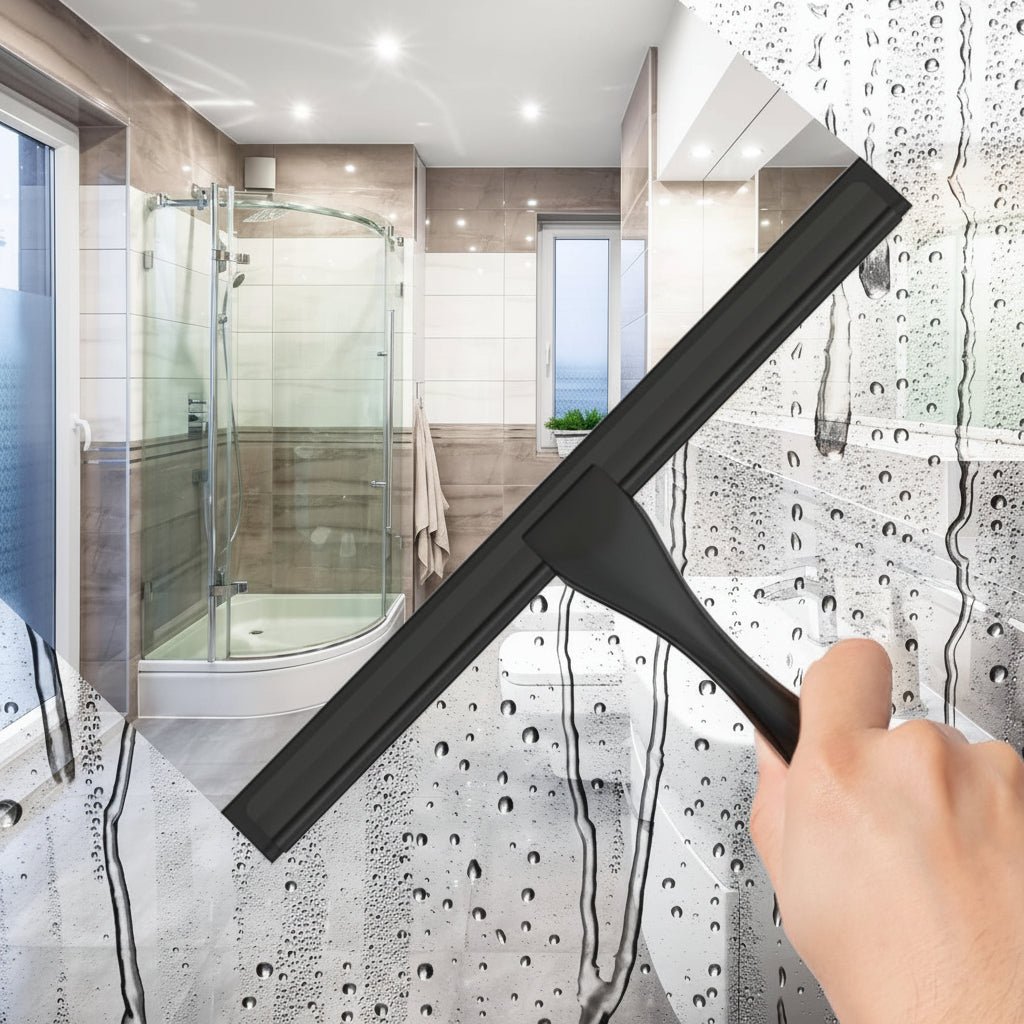 Stainless steel shower squeegee featuring a silicone blade for streak-free cleaning, designed with an ergonomic handle and includes adhesive hooks for easy storage. 1