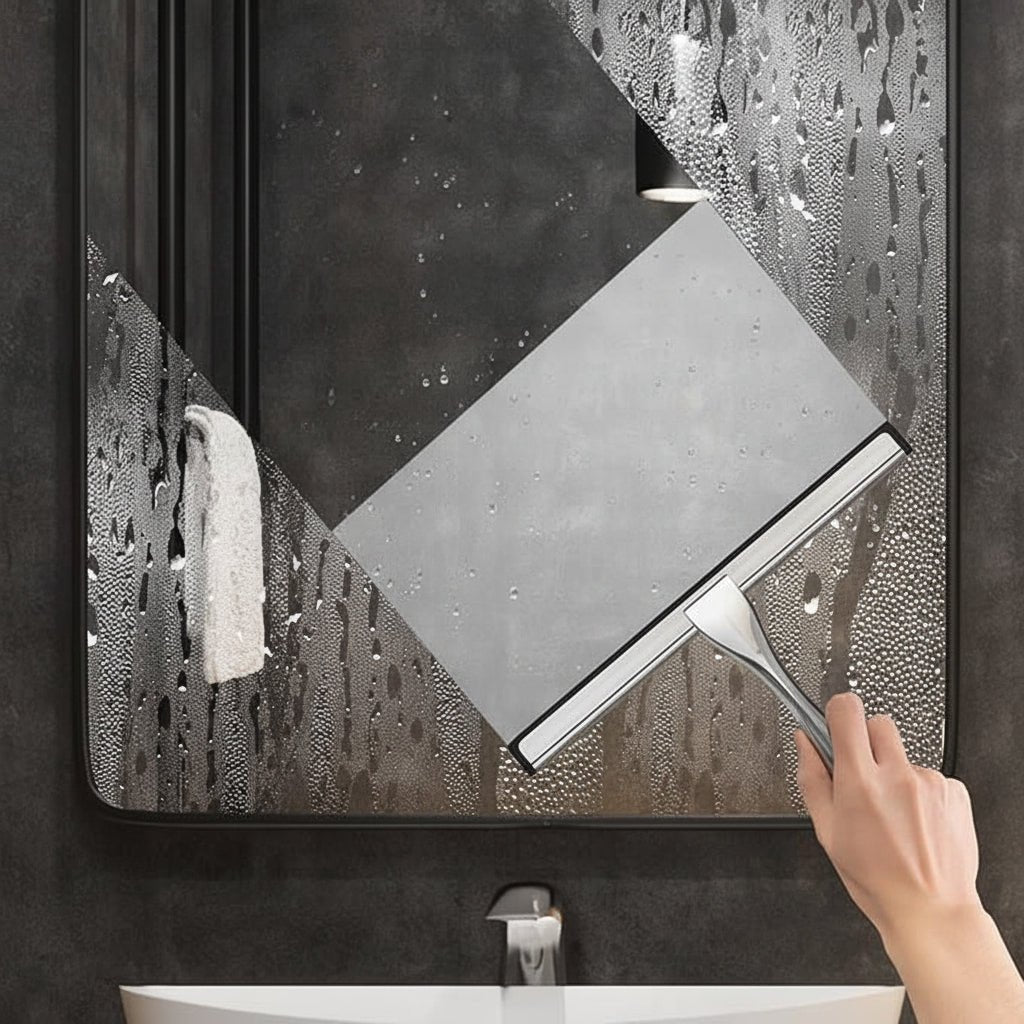 Stainless steel shower squeegee featuring a silicone blade for streak-free cleaning, designed with an ergonomic handle and includes adhesive hooks for easy storage. 8