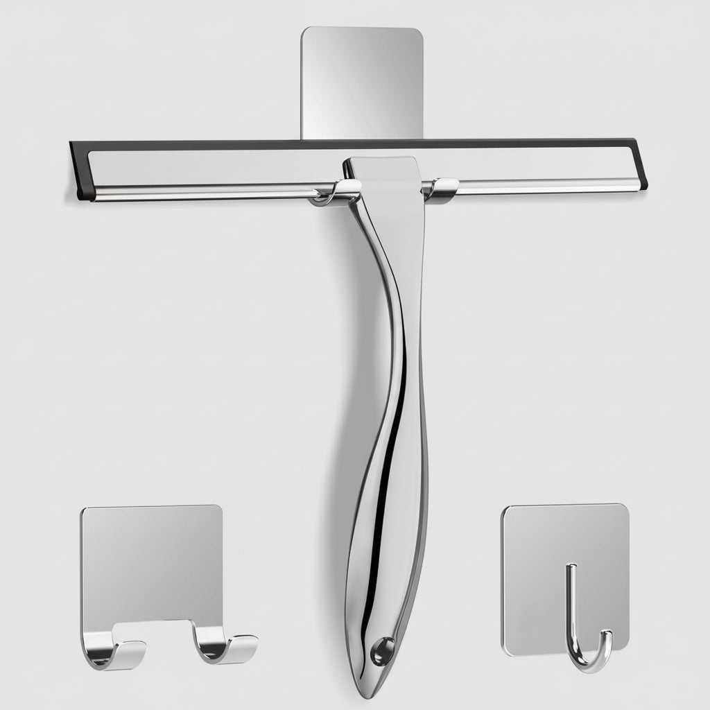 Stainless steel shower squeegee featuring a silicone blade for streak-free cleaning, designed with an ergonomic handle and includes adhesive hooks for easy storage. 6