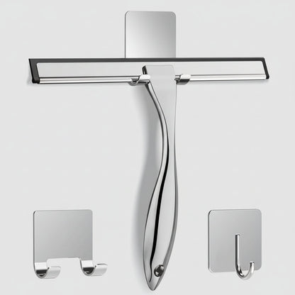Stainless steel shower squeegee featuring a silicone blade for streak-free cleaning, designed with an ergonomic handle and includes adhesive hooks for easy storage. 6
