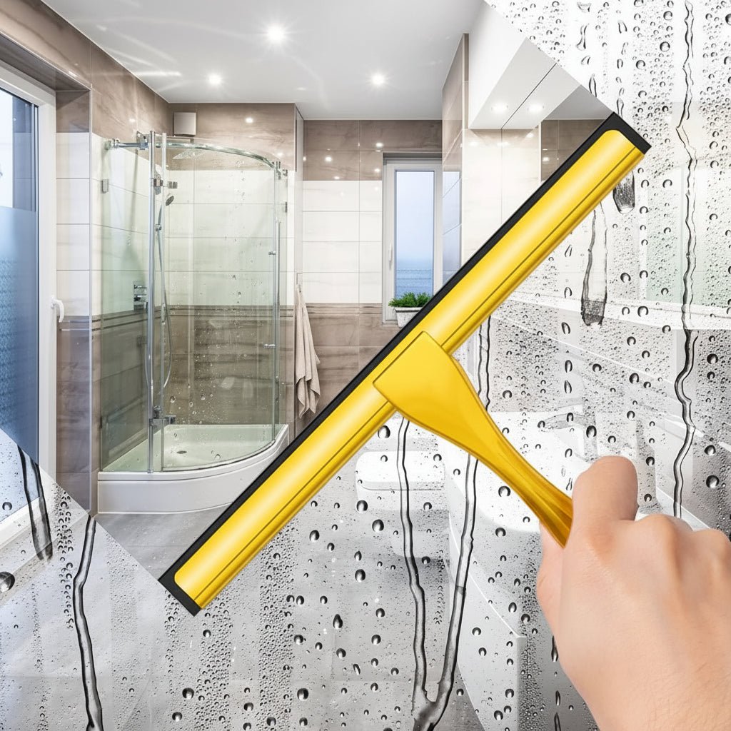 Stainless steel shower squeegee featuring a silicone blade for streak-free cleaning, designed with an ergonomic handle and includes adhesive hooks for easy storage. 7