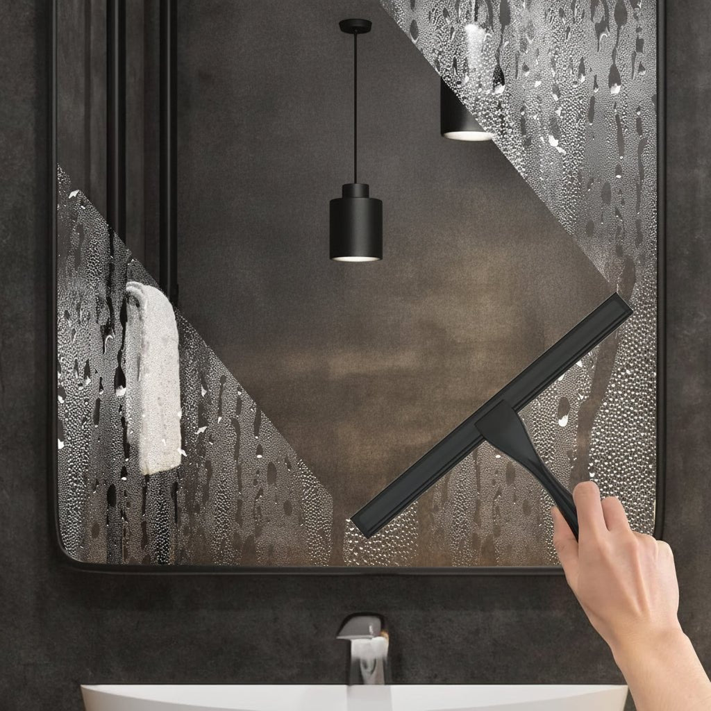 Stainless steel shower squeegee featuring a silicone blade for streak-free cleaning, designed with an ergonomic handle and includes adhesive hooks for easy storage. 2