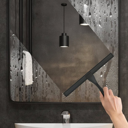 Stainless steel shower squeegee featuring a silicone blade for streak-free cleaning, designed with an ergonomic handle and includes adhesive hooks for easy storage. 2