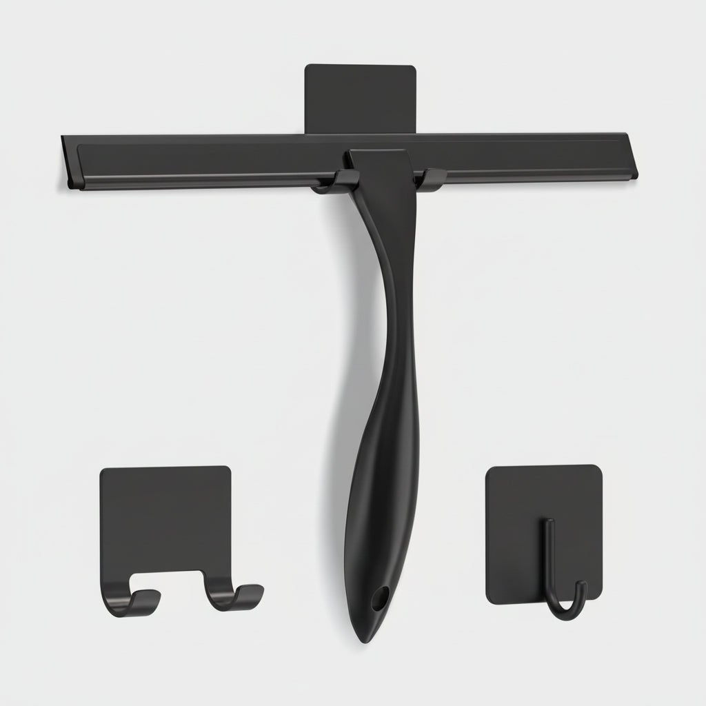 Stainless steel shower squeegee featuring a silicone blade for streak-free cleaning, designed with an ergonomic handle and includes adhesive hooks for easy storage. 0